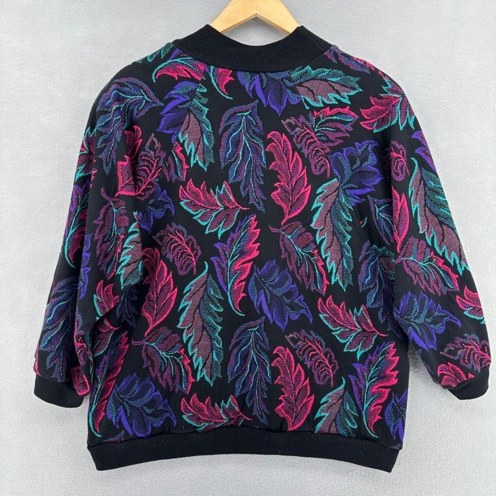 VTG 80s Cape Cod All Over Leaf Print Crewneck Sweatshirt Black Womens M Cosby - Picture 3 of 5